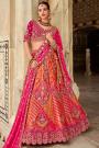 Deep Pink & Orange Banarasi Silk Embroidered Lehenga Set