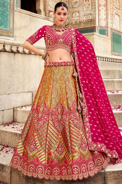 Deep Pink & Mustard Banarasi Silk Embroidered Lehenga Set