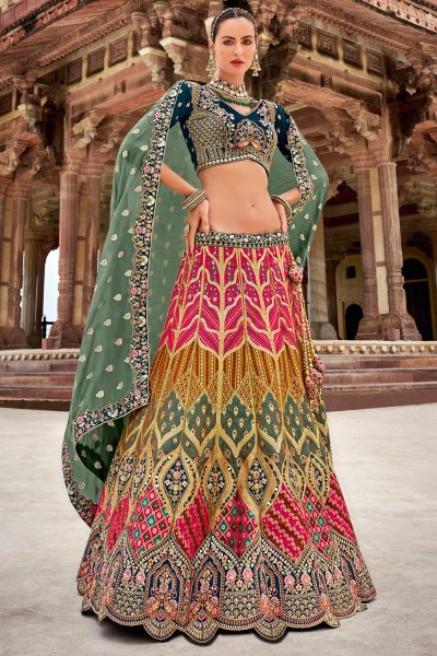 Multicolor Banarasi Silk Embroidered Lehenga Set