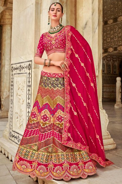 Multicolor & Red Banarasi Silk Embroidered Lehenga Set