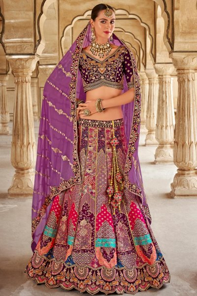 Purple & Multicolor Banarasi Silk Embroidered Lehenga Set