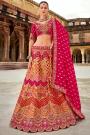 Red & Multicolor Banarasi Silk Embroidered Lehenga Set