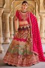 Red & Multicolor Banarasi Silk Embroidered Lehenga Set