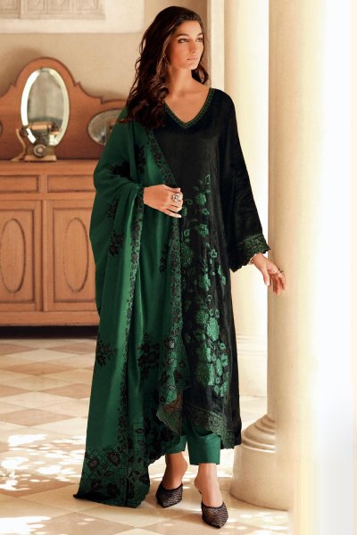 Bottle Green Velvet Embroidered & Applique Work Kurta Set With Resham Embroidered Silk Dupatta