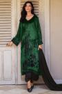 Dark Green & Black Velvet Embroidered & Applique Work Kurta Set With Resham Embroidered Silk Dupatta