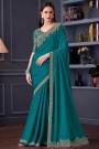 Teal Blue Chiffon Silk Embroidered Designer Saree