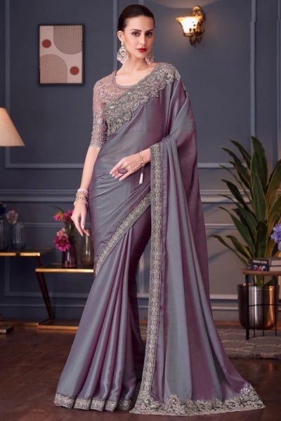 Dusty Lilac Chiffon Silk Embroidered Designer Saree