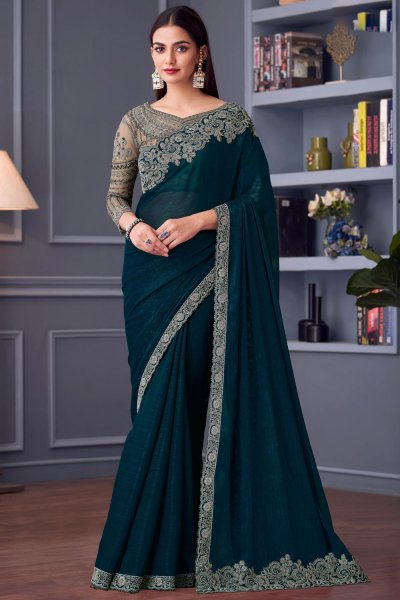 Deep Teal Georgette Embroidered Designer Saree