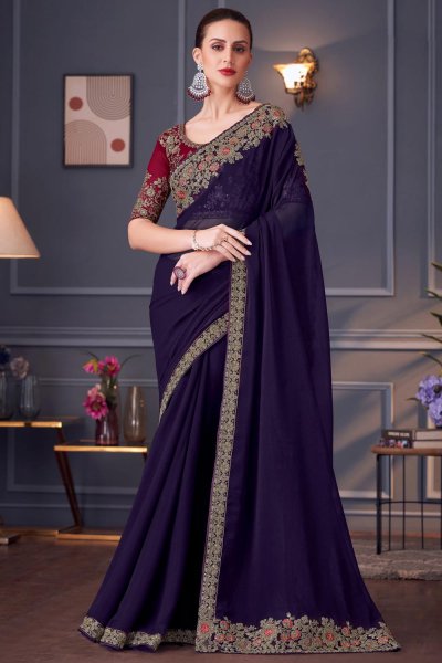 Navy Blue Georgette Embroidered Designer Saree