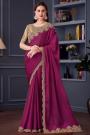 Wine Satin Chiffon Embroidered Designer Saree