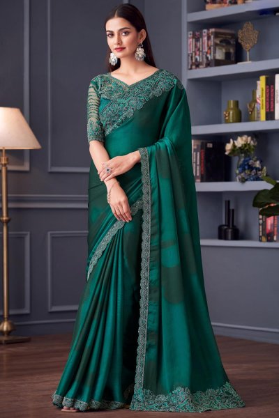 Teal Satin Chiffon Embroidered Designer Saree