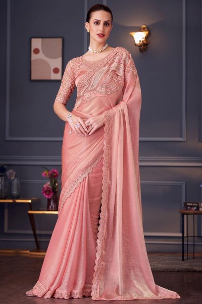 Peach Chiffon Silk Embroidered Designer Saree