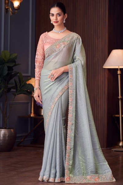 Grey Satin Georgette Embroidered Designer Saree