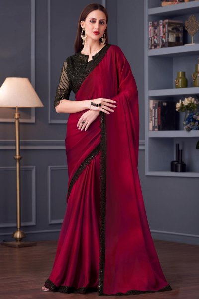 Red Satin Chiffon Embroidered Designer Saree With Jacket