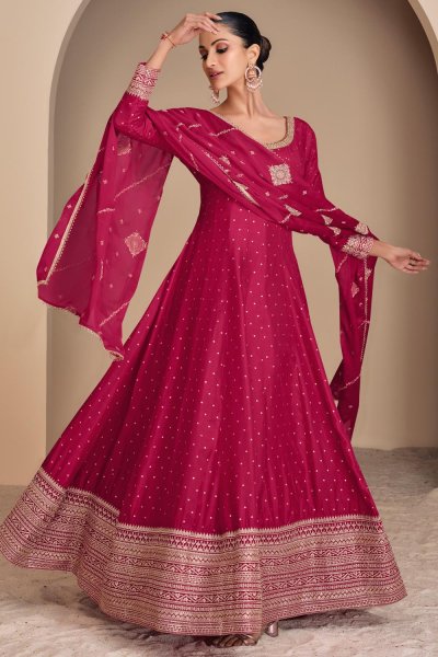 Red Jacquard Silk Embroidered Anarkali Dress With Dupatta