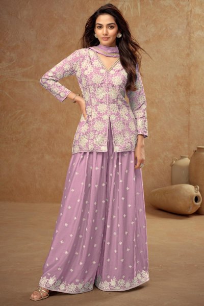 Lilac Embroidered Chinon Silk Jacket Style Short Kurti Sharara Set