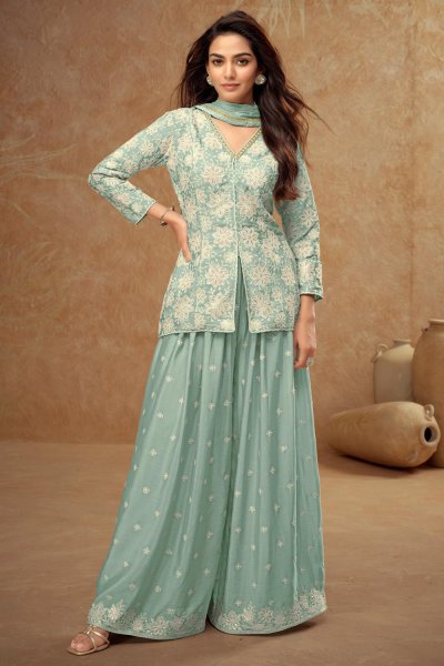 Mint Embroidered Chinon Silk Jacket Style Short Kurti Sharara Set