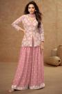 Blush Pink Embroidered Chinon Silk Jacket Style Short Kurti Sharara Set