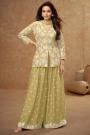 Mustard Embroidered Chinon Silk Jacket Style Short Kurti Sharara Set