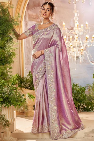 Lilac Banarasi Silk Hand Embroidered Saree