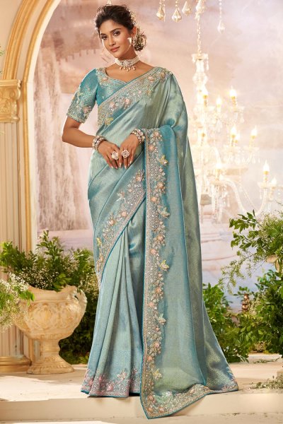 Aqua Blue Banarasi Silk Hand Embroidered Saree