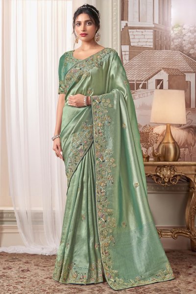 Mint Green Banarasi Silk Hand Embroidered Saree