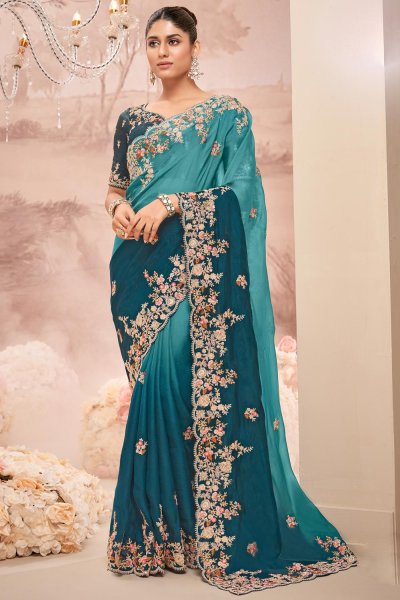 Prussian Blue Silk Hand Embroidered Ombre Saree