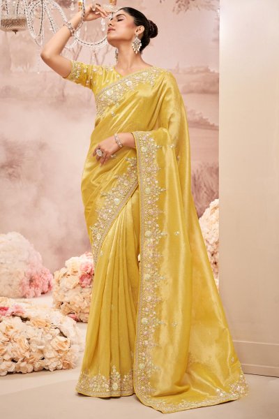 Yellow Banarasi Silk Hand Embroidered Saree