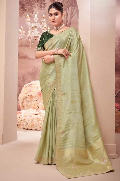 Pastel Green Banarasi Silk Hand Embroidered Saree