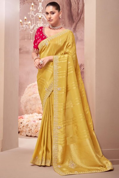 Yellow Banarasi Silk Hand Embroidered Saree