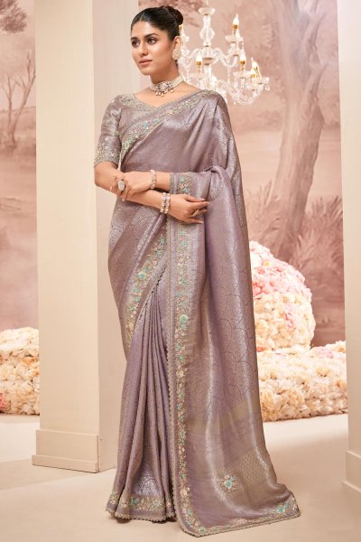 Dusty Lilac Banarasi Silk Hand Embroidered Saree