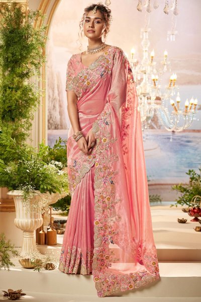 Peach Organza Tissue Silk Hand Embroidered Saree