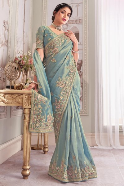 Ice Blue Organza Tissue Silk Hand Embroidered Saree