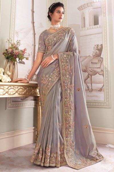 Lilac Organza Tissue Silk Hand Embroidered Saree