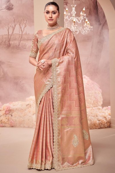 Peach Banarasi Silk Hand Embroidered Saree