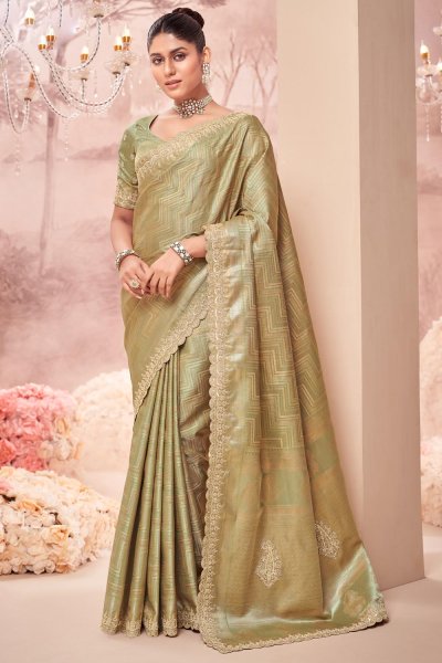 Olive Green Banarasi Silk Hand Embroidered Saree