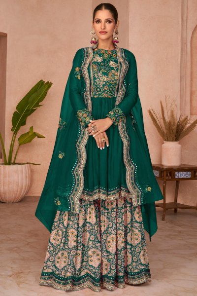 Dark Green  Silk Embroidered Sharara Set with Cape Style Dupatta