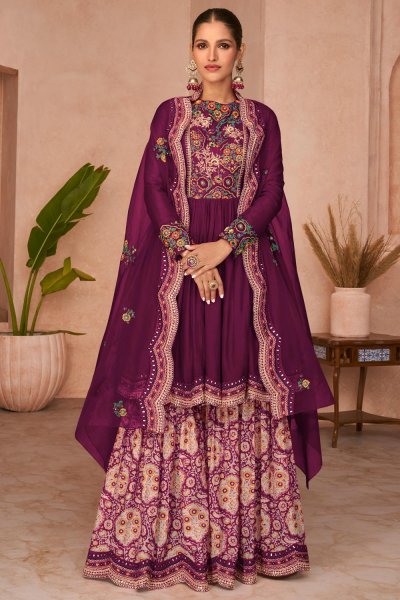 Plum Silk Embroidered Sharara Set with Cape Style Dupatta