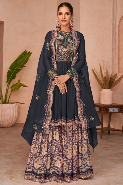 Deep Navy Silk Embroidered Sharara Set with Cape Style Dupatta