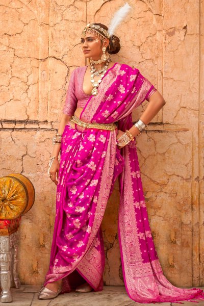 Pink Zari Weaved Georgette Saree