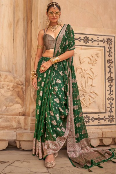 Dark Green Zari Weaved Georgette Saree