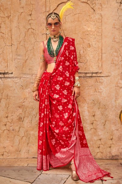 Red Zari Weaved Georgette Saree