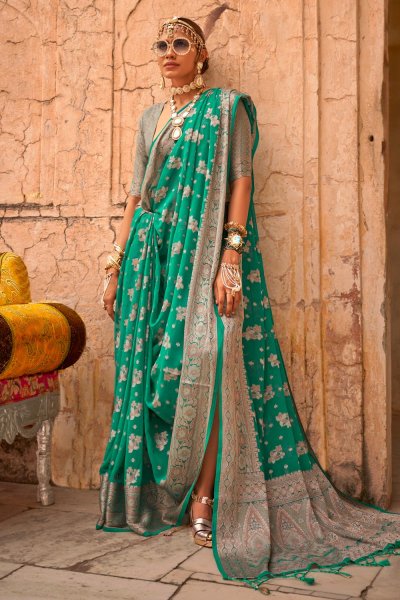 Teal Green Zari Weaved Georgette Saree