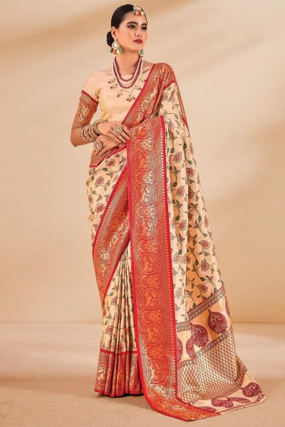 Light Peach & Red Tissue Silk Woven Saree