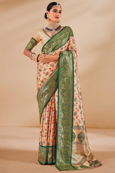 Light Peach & Dark Green Tissue Silk Woven Saree