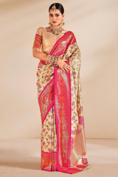 Light Peach & Pink Tissue Silk Woven Saree