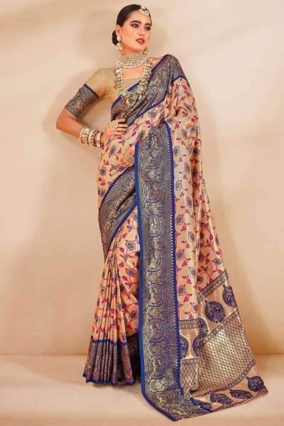 Light Peach & Navy Blue Tissue Silk Woven Saree