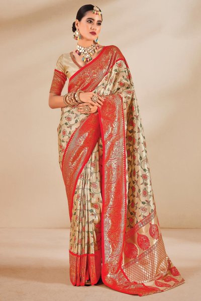 Light Peach & Coral Tissue Silk Woven Saree