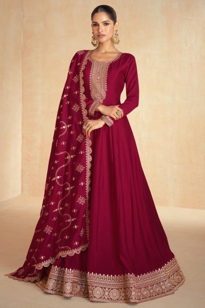 Maroon Silk Embroidered Anarkali Dress