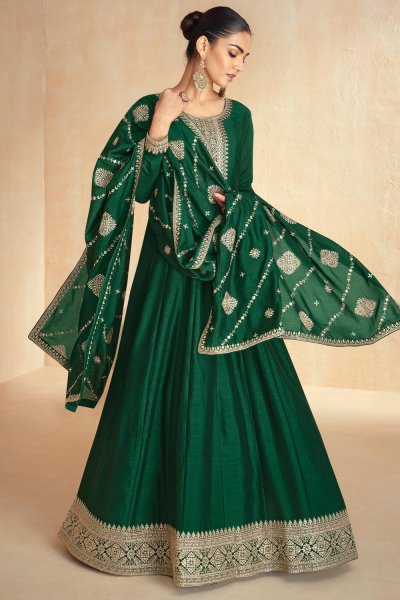 Dark Green Silk Embroidered Anarkali Dress